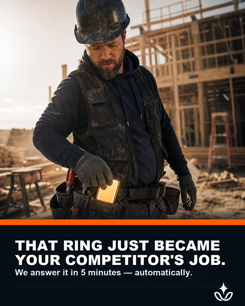 Ad: a framer on a jobsite reaches for a ringing phone. That ring just became your competitor’s job.